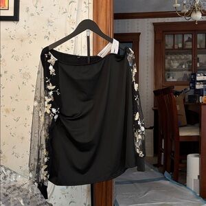 Chic Black Top with Floral Lace Sleeve NWOT